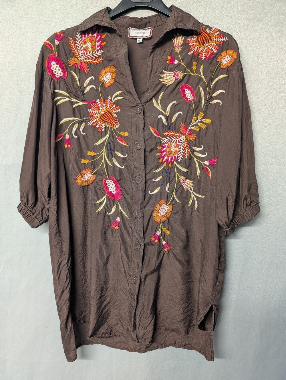 Johnny Was 🌻Rosalva Silk Boho Floral Embroidered Brown Button-Front Top Size XS